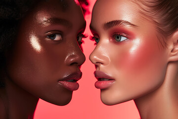 beauty diversity, black and white models with light skin, wearing lip gloss and clear lip filler