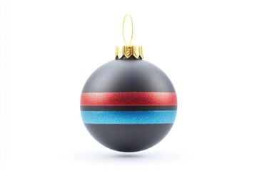 Decorative Christmas ornament with red and blue stripes hanging against a white background