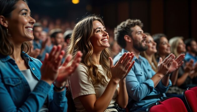 Happy audience enthusiastically applauds at live event. People sitting in theater auditorium. Smiling, enjoying presentation performance. Appreciation, excitement apparent in reactions. Scene indoor,