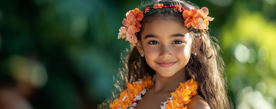 Hawaiian girl performs traditional hula dance in vibrant hula outfit surrounded by lush greenery