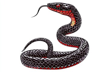 Obraz premium A striking black snake with red accents coiling on a textured surface, showcasing its vibrant scales