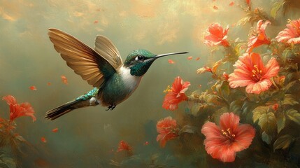 Fototapeta premium Vibrant hummingbird hovering near blooming hibiscus flowers in a serene garden setting