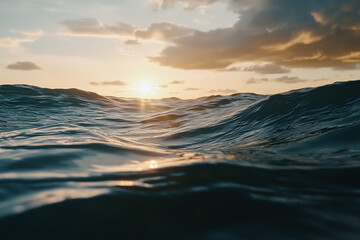 Naklejka premium dramatic ocean sunset with rolling waves, moody cloud formations