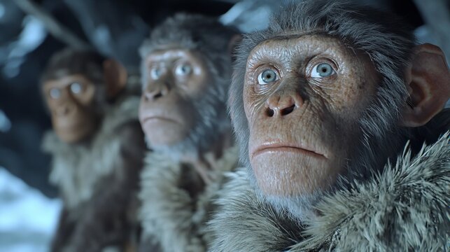 Illustration showing early homonid ape or ancestor, which could be Homo habilis, Homo erectus, or Australopithecus afarensis