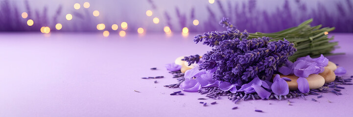 Lavender Spa Still Life Purple Flowers Petals Stones Bokeh Lights