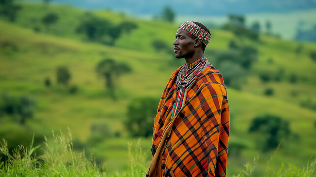 Ugandan man wearing kanzu stands proudly in a lush green landscape showcasing cultural heritage and tradition