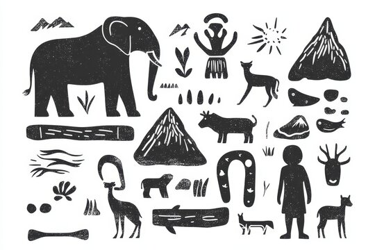 An ancient wall adorned with cave paintings on stone by prehistoric humans showcases animals and weapons. The scene is complemented by silhouettes of primitive tribal men and women, all set within a