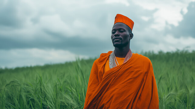 Ugandan man wearing kanzu stands proudly in lush green field under a cloudy sky in late afternoon light
