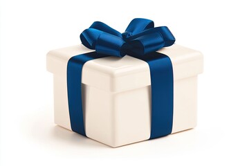 Elegant white gift box with a blue ribbon and bow, set against a clean, minimalist background