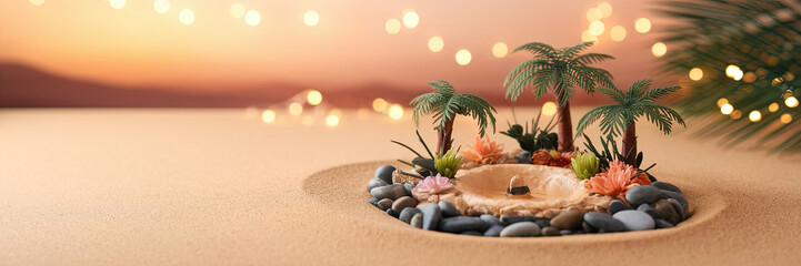 Serene Oasis Miniature Desert Island with Palm Trees Sunset and Lights