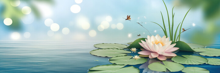Serene Water Lily Pond Peaceful Nature Scene with Dragonflies and Butterflies