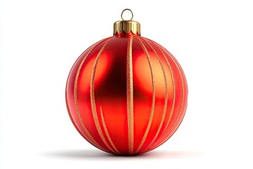 Shiny red Christmas ornament with golden stripes, isolated on white background, ideal for holiday decor