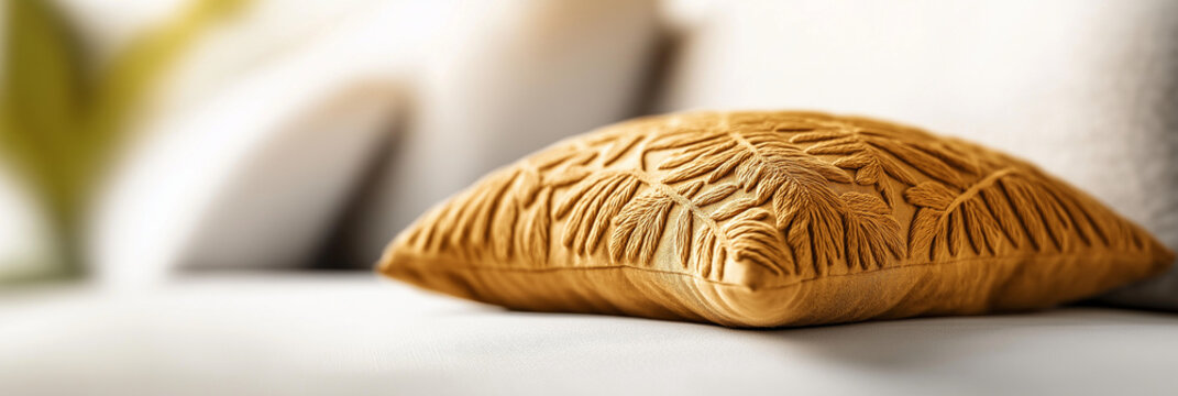 Golden hour glow on a decorative pillow with an embossed leaf pattern. - Powered by Adobe