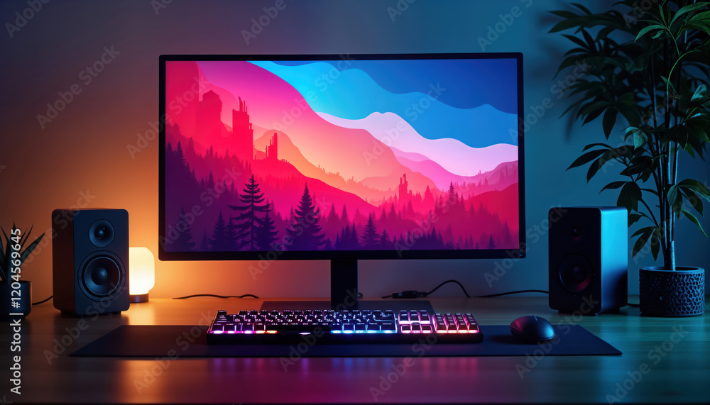Aufkleber modern computer workstation with colorful rgb keyboard, desktop background. computer monitor shows a