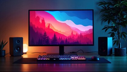 Modern computer workstation with colorful RGB keyboard, desktop background. Computer monitor shows artistic landscape. Stylish desk setup with speakers, plants. Nighttime ambiance with soft lights.