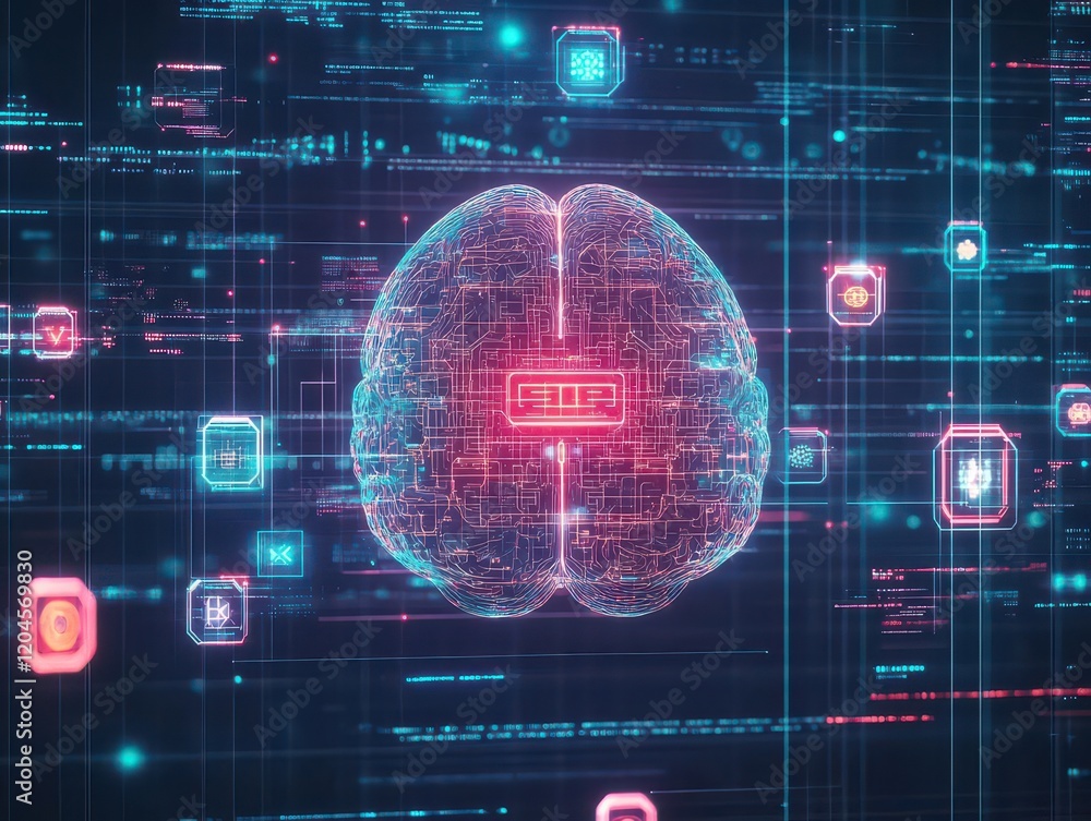 Poster intricate brain composition merging technology and creativity with various symbols illustrating inno