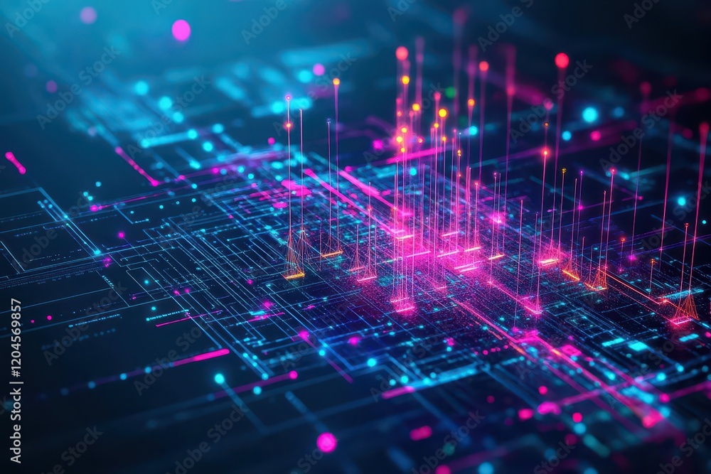 Poster futuristic computer circuitry illuminated by vibrant blue and pink background creating a dynamic and