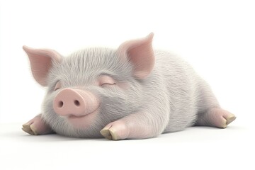 Cute cartoon piglet sleeping peacefully on a white surface, showcasing its fluffy fur and relaxed demeanor