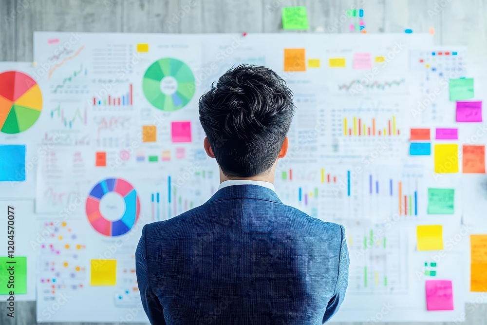 Poster man in elegant suit contemplating a wall adorned with vibrant colorful papers creating a dynamic and