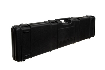 A black, hard-shell rifle case with a handle, designed for secure transportation and storage of...