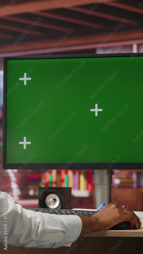 Poster vertical video woman browsing social media at home using isolated screen computer display and tablet