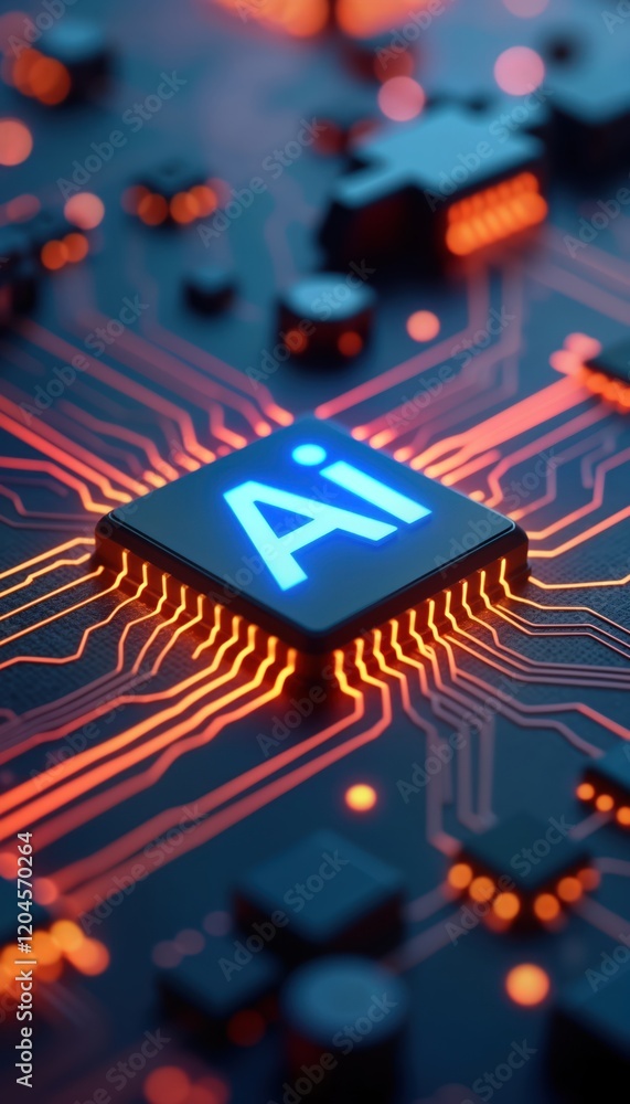 Poster Advanced AI microchip. Futuristic microprocessor with glowing AI symbol. Intricate circuitry, electronic components. Modern tech innovation in data processing. Integrated circuit. Advanced