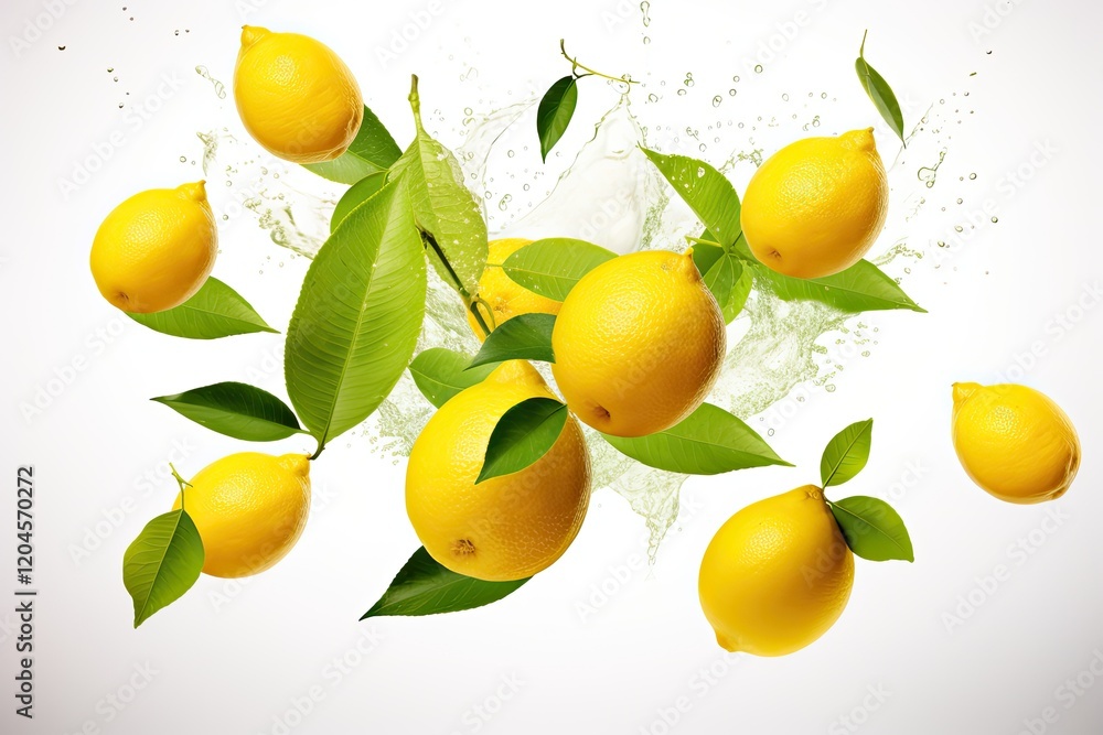 Wall mural High resolution image of fresh lemons with green leaves in zero gravity isolated on white background