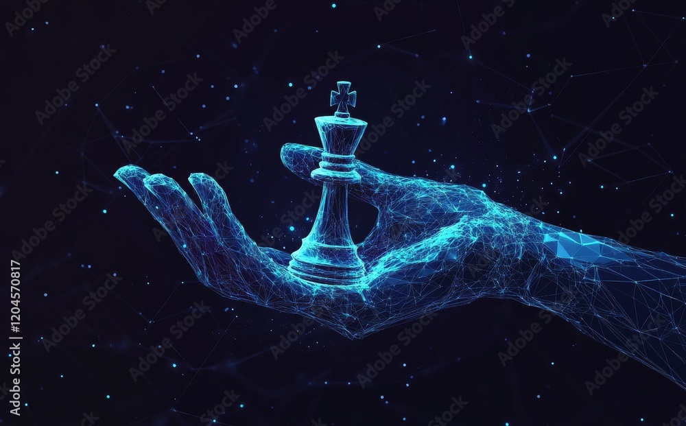 Poster a robotic arm playing chess, incorporating stock visuals and ai technology. styled in a low-poly for