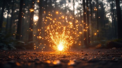 Fototapeta premium Sparkling firework explosion in a serene forest at sunset, creating a magical atmosphere