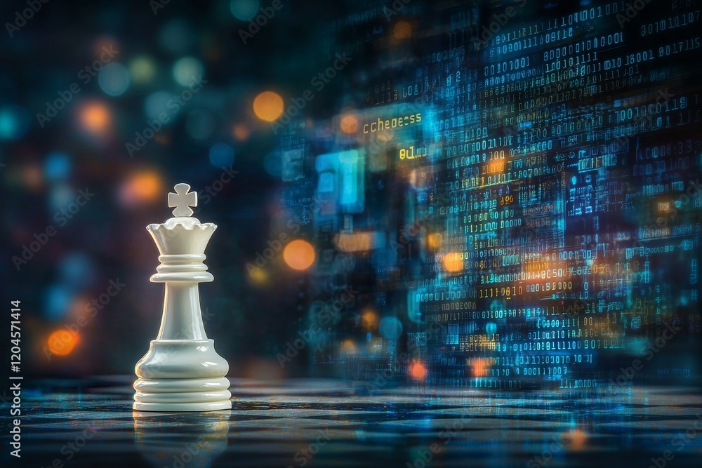 Poster half a chess piece rests on a chessboard, whereas the other, etched with code, stands on a digital b
