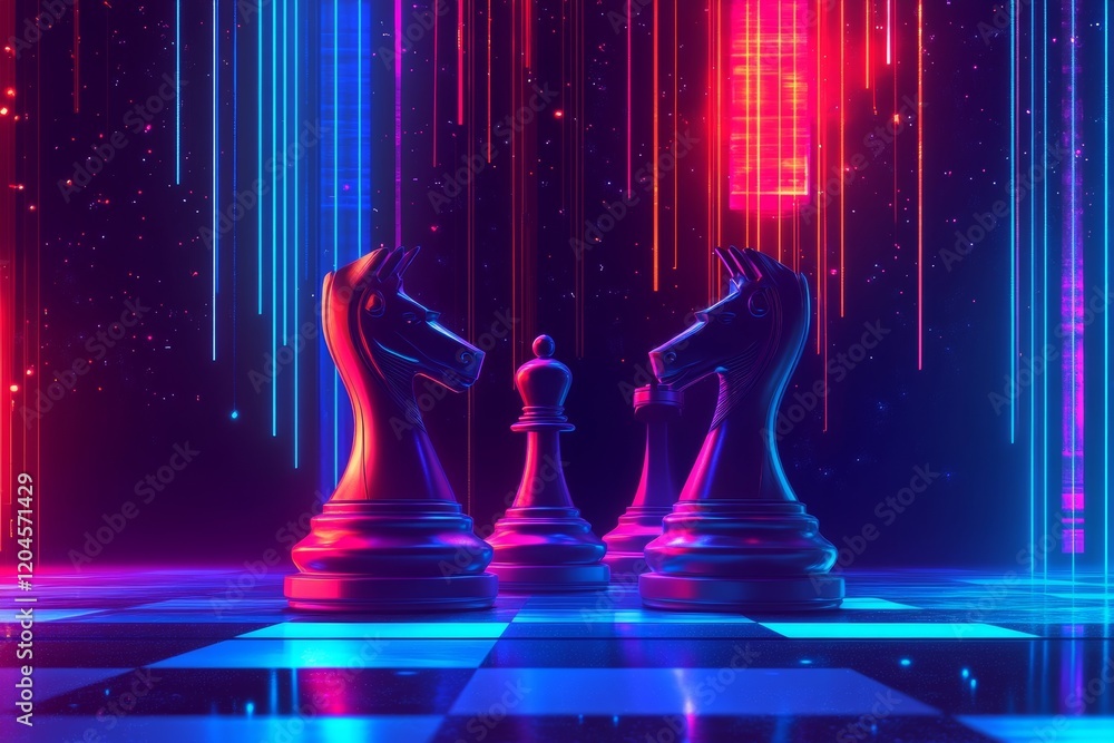 Poster two ai-driven chess computers, colored blue and red, compete on a futuristically designed digital ch