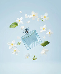 Bottle of floral perfume and jasmine flowers in air on light blue background