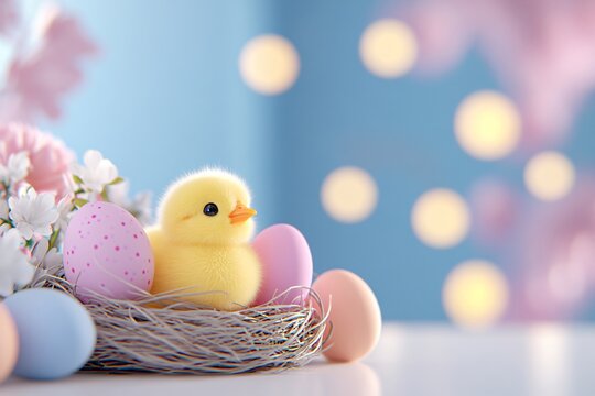 Cute chick in nest with colored eggs on light pastel blurred background with lights and flowers. Poultry farm, farming and eco food. Easter and spring holidays concept with copy space - Powered by Adobe