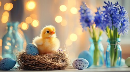 Cute chick in nest with colored eggs on light pastel blurred background with lights and flowers. Poultry farm, farming and eco food. Easter and spring holidays concept with copy space