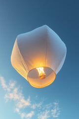A glowing white sky lantern floats gently against a vibrant blue sky, a peaceful and serene scene.