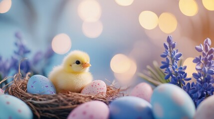 Cute chick in nest with colored eggs on light pastel blurred background with lights and flowers. Poultry farm, farming and eco food. Easter and spring holidays concept with copy space