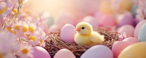 Cute chick in nest with colored eggs on light pastel blurred background with lights and flowers. Poultry farm, farming and eco food. Easter and spring holidays concept with copy space