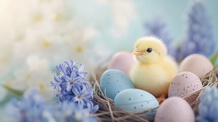 Cute chick in nest with colored eggs on light pastel blurred background with lights and flowers. Poultry farm, farming and eco food. Easter and spring holidays concept with copy space