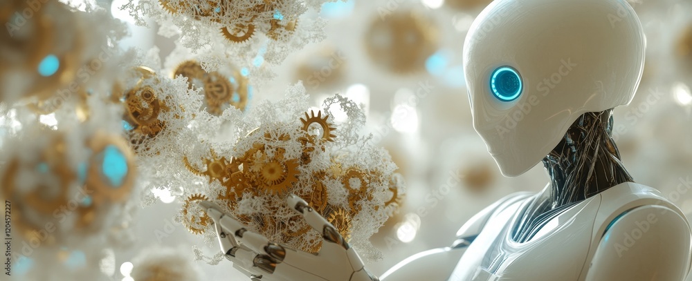 Poster 3d rendering of a white humanoid robot with digital gears