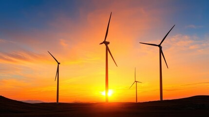 Obraz premium Wind turbines stand silhouetted against a vibrant orange sunset sky on a rolling hill.