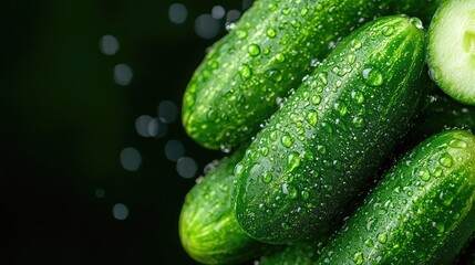 Fresh cucumbers with water droplets, dark background, healthy food concept, ideal for recipe websites