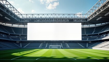 Empty soccer stadium with large blank screen. Modern stadium architecture. Green field. Potential for advertising. Great for marketing or promotional visuals.