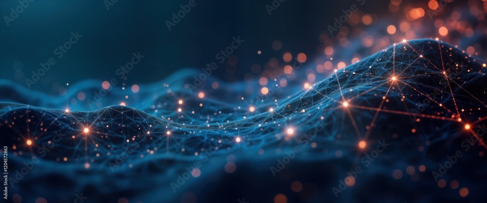 Poster Abstract design with glowing particles, lines. Network structure with bright glowing points. Futuristic tech illustration shows connected points. Suggests innovative tech concepts. Digital art