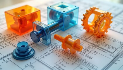3D models of mechanical parts, gears displayed on tech drawings. Transparent parts in orange, blue superimposed on engineering blueprints. Measurements, technical specifications visible on documents.