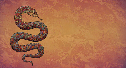 Fototapeta premium Ornate Detailed Zentangle Snake Design on Textured Background Colorful Reptile Illustration