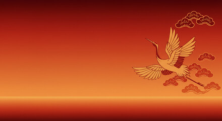 Obraz premium Elegant Red Asian Crane in Flight Oriental Style Design Gradient Background