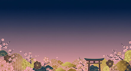Serene Japanese Garden Scene Pink Cherry Blossoms Torii Gate Dusk Sky