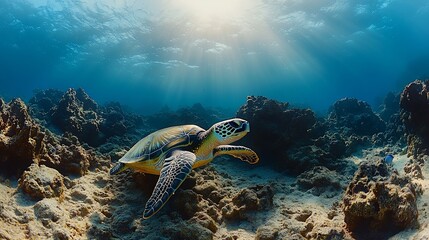 Fototapeta premium Majestic Sea Turtle in Vibrant Coral Reef