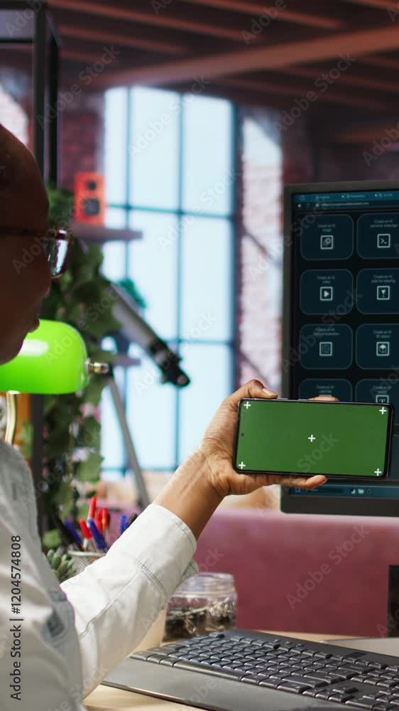 Poster vertical video woman using green screen smartphone to learn how to use ai llm chatbot on computer sc