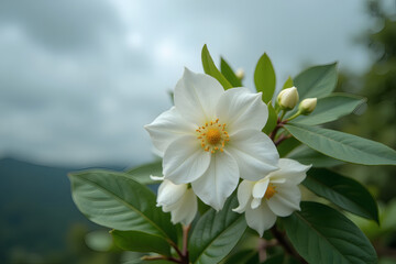 Fototapeta premium White jasmine flowers bloom against the clouds